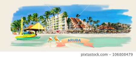 Collage about Aruba - Dutch province Oranjestad - beautiful Caribbean Island. Art design 106808479