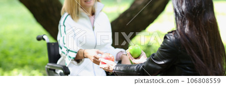 Woman gives to her disabled friend tin wheelchair two apples. 106808559