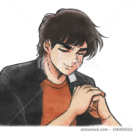 1970s comic book style illustration of a handsome student clenching his fist and crying 1970s comic book style illustration of a handsome student clenching his fist and crying 106809162