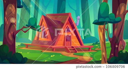 Wooden cabin in forest, cartoon woodland landscape Wooden cabin in forest, cartoon woodland landscape 106809706