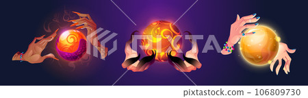 Magic energy balls in witch hands set Magic energy balls in witch hands set 106809730