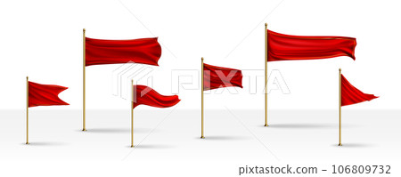 Set of red silk flags on golden poles 106809732