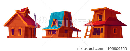 Set of wooden rural houses on white background 106809733