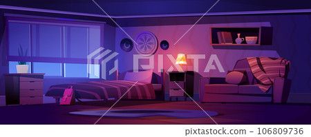 Night bedroom interior with bed and couch cartoon Night bedroom interior with bed and couch cartoon 106809736
