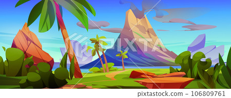 Volcano eruption cartoon vector landscape. Volcano eruption cartoon vector landscape. 106809761