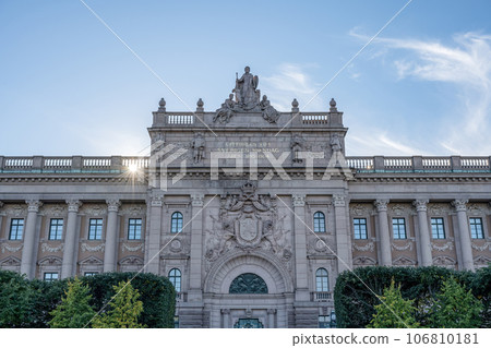 Facade of Riksdagshuset Swedish Parliament House on island Helgeandsholmen Old town Gamla Stan Stockholm Sweden 106810181