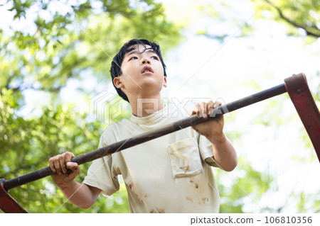 Elementary school boys doing pull-ups 106810356