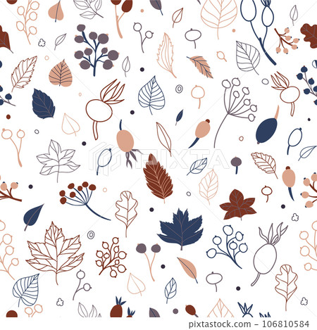 Set of flat isolated illustration of leaves and berries in cozy autumn colors. hand drawn vector decor for scrapbooking, textile or book covers, wallpapers, graphic art, printing, hobby, invitation 106810584