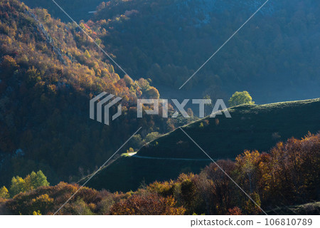 Autumn landscape in the mountains. Colorful forest Autumn landscape in the mountains. Colorful forest 106810789