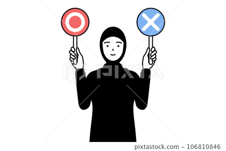 Islamic woman holding a stick showing correct and incorrect answers 106810846
