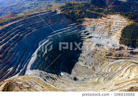Flying above an open pit mine, copper excavation in Rosia Poieni, Romania. Aerial view Flying above an open pit mine, copper excavation in Rosia Poieni, Romania. Aerial view 106810888