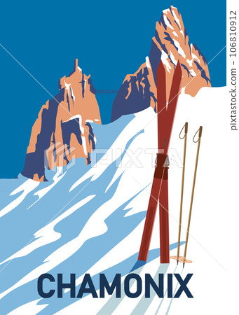 Vintage Travel poster Ski Chamonix resort. France winter landscape travel card 106810912