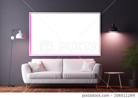 The interior of the living room with a sofa and a layout of a white blank painting 106811269