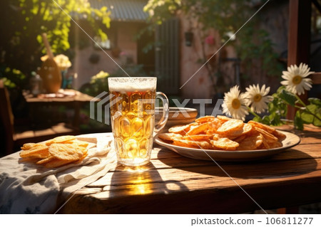 A glass of beer stands on a wooden table with chips 106811277