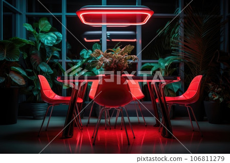 Interior of a room with a dining table with neon red lighting Interior of a room with a dining table with neon red lighting 106811279