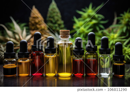 Essential oil in bottle with fresh green cannabis Essential oil in bottle with fresh green cannabis 106811290