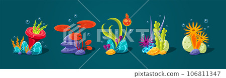 Fantasy Sea Plants with Corals and Stones on Ocean Bottom Vector Set Fantasy Sea Plants with Corals and Stones on Ocean Bottom Vector Set 106811347