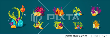 Fantasy Sea Plants with Corals and Stones on Ocean Bottom Vector Set Fantasy Sea Plants with Corals and Stones on Ocean Bottom Vector Set 106811376