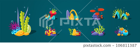 Fantasy Sea Plants with Corals and Stones on Ocean Bottom Vector Set 106811387
