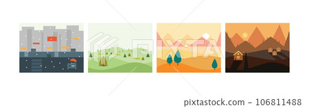 Flat Landscapes View and Picture as Game Background Vector Set 106811488