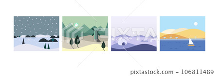 Flat Landscapes View and Picture as Game Background Vector Set 106811489