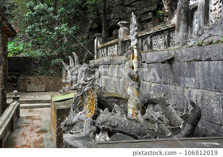 Antique carving in stone with mythical motif. Bich Dong pagoda, Vietnam 106812019