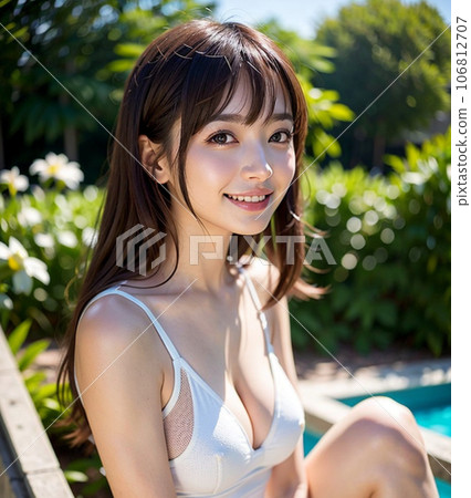 Swimsuit woman sitting by the pool Swimsuit woman sitting by the pool 106812707