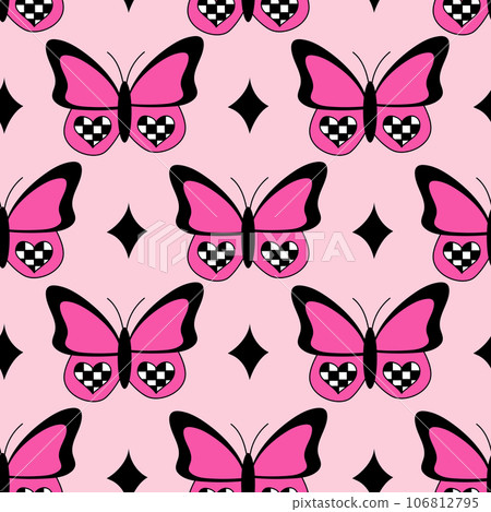 Emo seamless pattern with butterflies and chessboard hearts and stars. Y2k. Black and pink. Retro style of the 2000s.  106812795