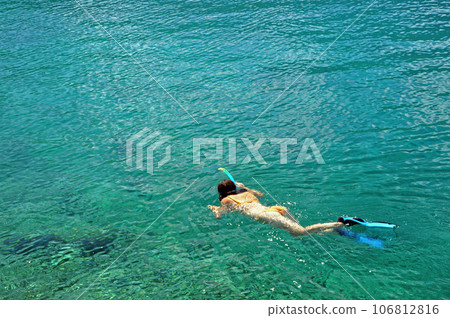Young woman in swimsuit snorkeling in clear shallow tropical sea over coral reefs Young woman in swimsuit snorkeling in clear shallow tropical sea over coral reefs 106812816