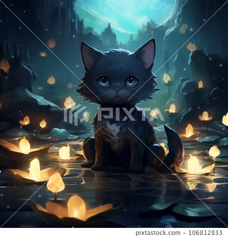 A black cat sitting around yellow flowers at night A black cat sitting around yellow flowers at night 106812833