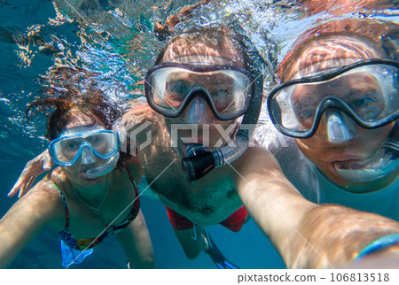 Underwater view of snorkeling friends Underwater view of snorkeling friends 106813518