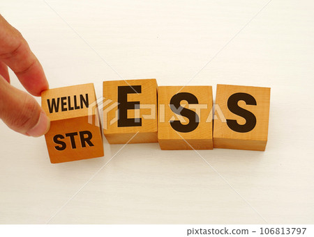 Wellness instead of stress. Hand turns a cube and changes the word 'stress' to 'wellness'on white background. Concept. Copy space. 106813797