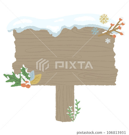 Snowy wooden sign and winter plant decoration, textured colored pencil hand-drawn illustration 106813931