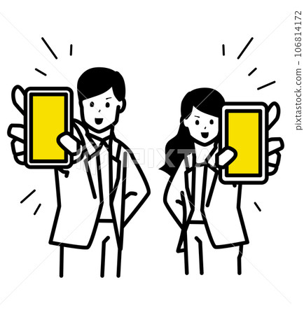 穿著西裝的男人和女人舉起智能手機的插圖 106814172