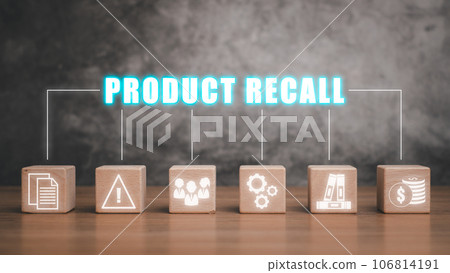Product recall concept, Wooden block on desk with product recall icon on virtual screen. 106814191