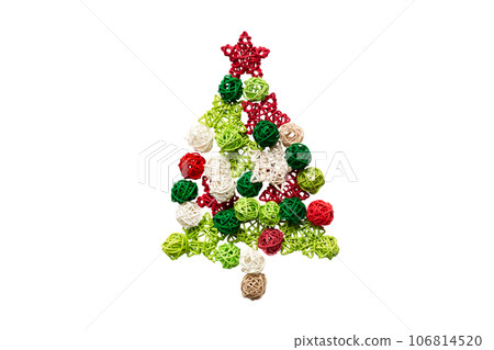Christmas tree made from colored handmade ball decoration isolated on white background, view from above. New Year minimal concept with copy space 106814520