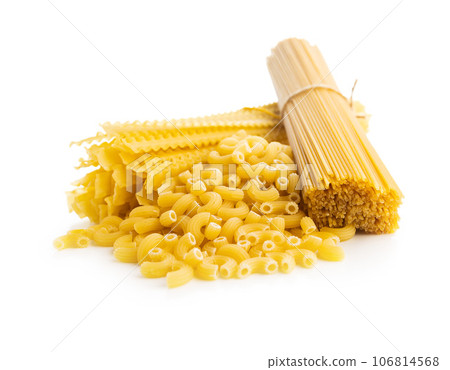 Spaghetti, mafaldine and macaroni pasta. Uncooked italian pasta isolated on white background. 106814568