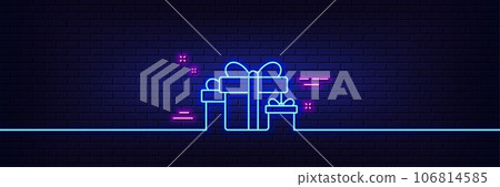 Neon light glow effect. Gift boxes line icon. Present or Sale sign. Birthday Shopping symbol. Package in Gift Wrap. 3d line neon glow icon. Brick wall banner. Holiday presents outline. Vector 106814585