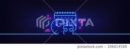 Neon light glow effect. Puzzle time line icon. Jigsaw piece with clock sign. Business challenge symbol. 3d line neon glow icon. Brick wall banner. Puzzle time outline. Vector Neon light glow effect. Puzzle time line icon. Jigsaw piece with clock sign. Business challenge symbol. 3d line neon glow icon. Brick wall banner. Puzzle time outline. Vector 106814589