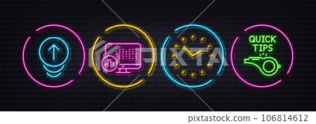 Report statistics, Swipe up and Time minimal line icons. Neon laser 3d lights. Tutorials icons. For web, application, printing. Graph chart, Scrolling page, Clock. Quick tips. Vector Report statistics, Swipe up and Time minimal line icons. Neon laser 3d lights. Tutorials icons. For web, application, printing. Graph chart, Scrolling page, Clock. Quick tips. Vector 106814612
