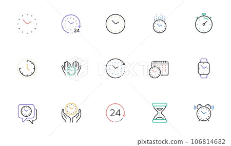 Time and clock line icons. Timer, Alarm and Smartwatch. Time management, 24 hour clock, deadline alarm icons. Sand hourglass, smartwatch, timer stopwatch. Linear set. Vector Time and clock line icons. Timer, Alarm and Smartwatch. Time management, 24 hour clock, deadline alarm icons. Sand hourglass, smartwatch, timer stopwatch. Linear set. Vector 106814682