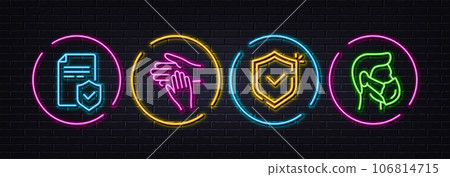 Insurance policy, Volunteer and Shield minimal line icons. Neon laser 3d lights. Medical mask icons. For web, application, printing. Coverage document, Social care, Safe secure. Respirator. Vector Insurance policy, Volunteer and Shield minimal line icons. Neon laser 3d lights. Medical mask icons. For web, application, printing. Coverage document, Social care, Safe secure. Respirator. Vector 106814715