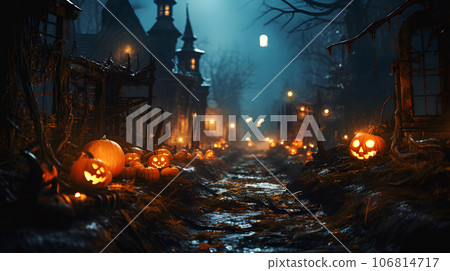 Halloween pumpkin, Jack O Lantern, outdoor decoration for Halloween celebration in haunted village, Generative AI Halloween pumpkin, Jack O Lantern, outdoor decoration for Halloween celebration in haunted village, Generative AI 106814717