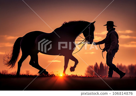 Silhouette of a cowboy near his horse, stand side by side at sunset. AI generated Silhouette of a cowboy near his horse, stand side by side at sunset. AI generated 106814876