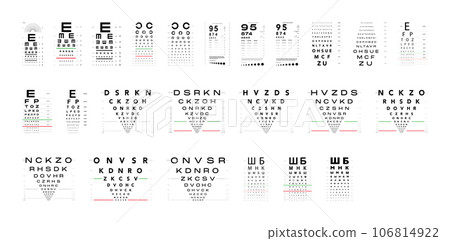 Set of Eye Test Charts medical illustration. Line vector sketch style outline isolated on white background. Vision test 106814922