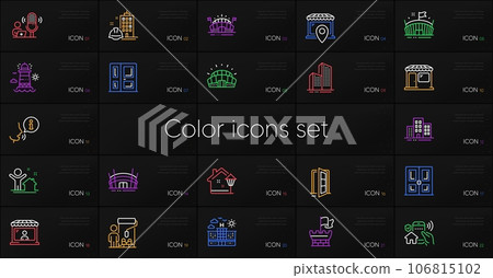 Set of Painter, Skyscraper buildings and Arena stadium line icons. Include Open door, Buildings, Shield icons. Construction building, Lighthouse, Arena web elements. Door, Market seller. Vector Set of Painter, Skyscraper buildings and Arena stadium line icons. Include Open door, Buildings, Shield icons. Construction building, Lighthouse, Arena web elements. Door, Market seller. Vector 106815102