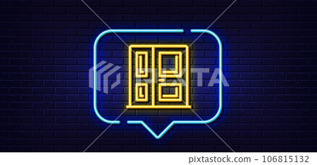 Neon light speech bubble. Entrance line icon. Entry door sign. Building exit symbol. Neon light background. Entrance glow line. Brick wall banner. Vector 106815132