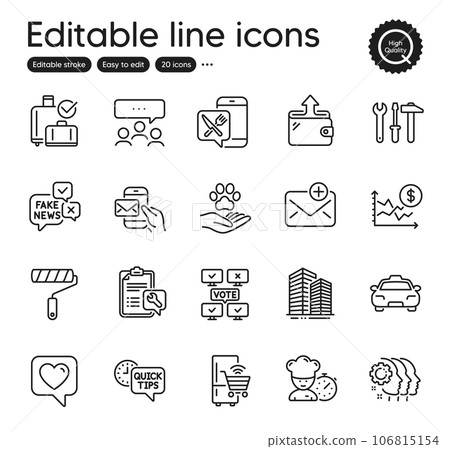 Set of Business outline icons. Contains icons as Spanner tool, New mail and Baggage reclaim elements. Wallet, Skyscraper buildings, Refrigerator web signs. Taxi, Spanner. Vector 106815154