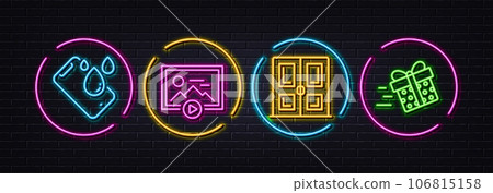 Smartphone waterproof, Start presentation and Door minimal line icons. Neon laser 3d lights. Present delivery icons. For web, application, printing. Phone, Play photos, Entrance door. Vector Smartphone waterproof, Start presentation and Door minimal line icons. Neon laser 3d lights. Present delivery icons. For web, application, printing. Phone, Play photos, Entrance door. Vector 106815158