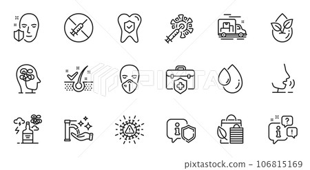 Outline set of Dental insurance, Medical insurance and Coronavirus line icons for web application. Talk, information, delivery truck outline icon. Vector Outline set of Dental insurance, Medical insurance and Coronavirus line icons for web application. Talk, information, delivery truck outline icon. Vector 106815169